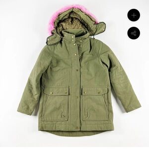 J. Crew Collection Olive Cotton & Wool Down Fill Pink Faux Fur Trim Parka Coat L